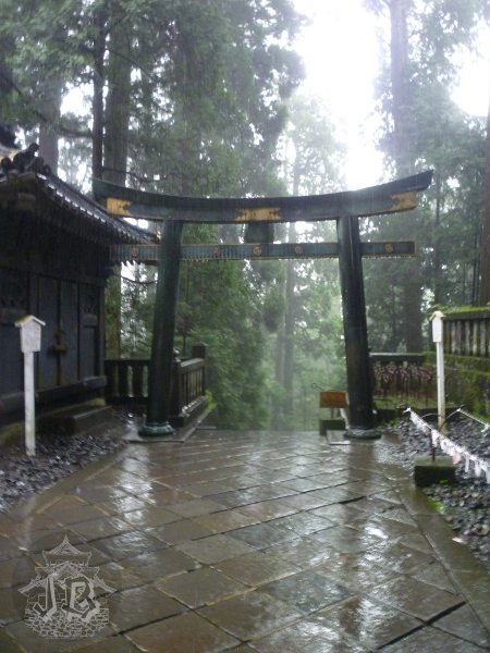 A torii in black and gold. It's raining