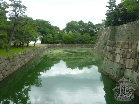 A view of the moat. The water is green.