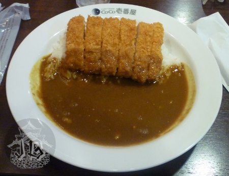 A pork cutlet, breaded, with curry sauce and rice around it