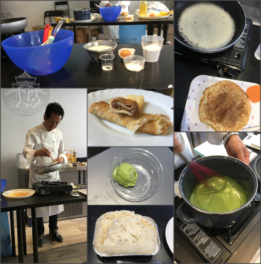 Collage. Chef preparing crepes, and a picture of the materials, the matcha ice cream and my own creppes and banana spongecake