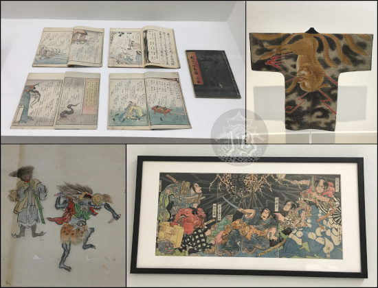 Rolls of paper, kimojo jacket and blookwood painting, showing different scenes and beings from Japanese mythology