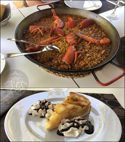 Collage. Rice pan with lobster pieces, and a piece of apple pie
