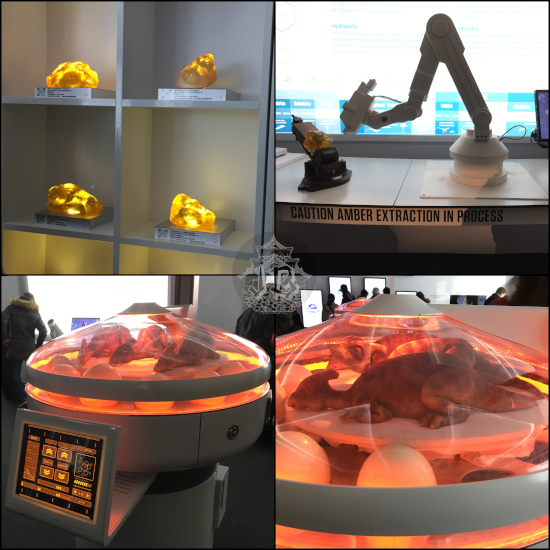 Fake amber pieces and DNA extactor along with an incubator with eggs and baby dinosaurs