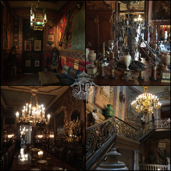 Collage of cerralbo museum. A room with two samurai armous. A centrepiece made with swords. A long table, set, with chairs along and an ellaborate lamp hanging from the ceiling. The hall of the museum, with a staircase with an ellaborate balaustrade and a glass lamp hanging from the ceiling.