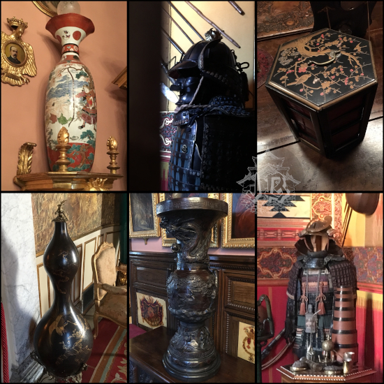Collage of Asian and Japanese pieces of the museum: hars, a samurai armour, and an hexagonal carey box