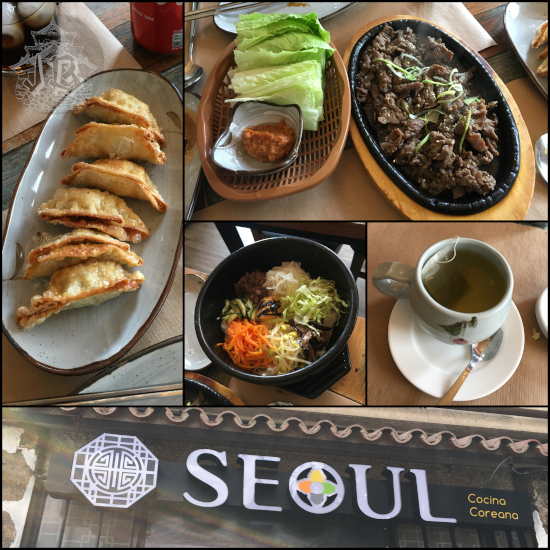 Lunch: fried dumplings, roasted meat, rice with vegetables, and green tea.