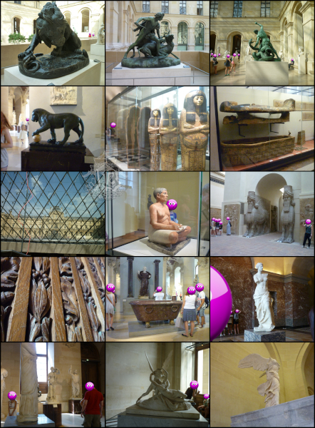 Different exhibits of the Louvre: bronze sculptures, Egyptian sarcophagi, sitting scribe, Babylonian bulls, a marble, bathtub, Venus de Milo, Eros and Psyche, Victory of Samothrace