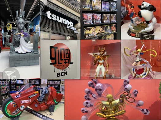 Tsume / Global freaks store in Barcelona. There are different pictures of resine statues of different sizes (and prices), and a reproduction of an anime motorbike.
