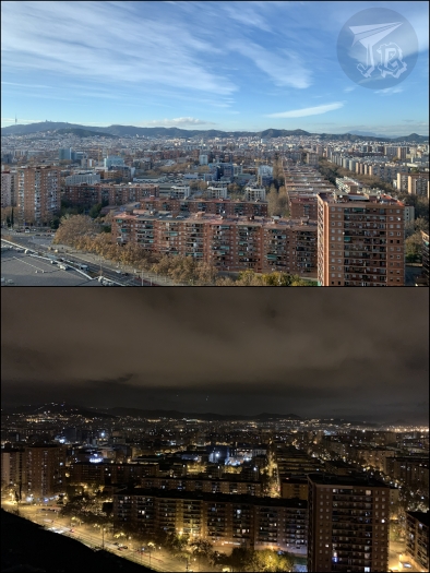 Two views of Barcelona from above, one with daylight, the other one at night. The buildings are apartment blocks, rather regular, and you can guess the long streets that separate the different areas