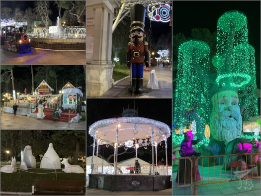 Bizarre Christmas decorations and motifs in the park: A giant nutcracker / soldier, an abstract nativity, some gingerbread-house-shaped shops, a Polar Express mini train, and a... something that looks like a tree with a face on the trunk and leaves made from green lights.
