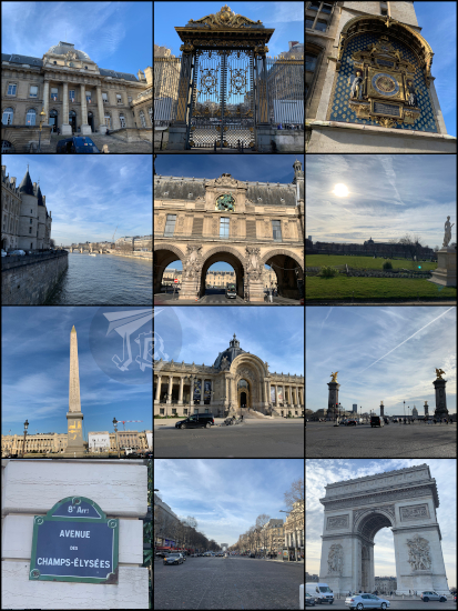 Collage with different landmarks of Paris - the river, neoclassic palaces, Luxor obelisk, Champs-Élysées.