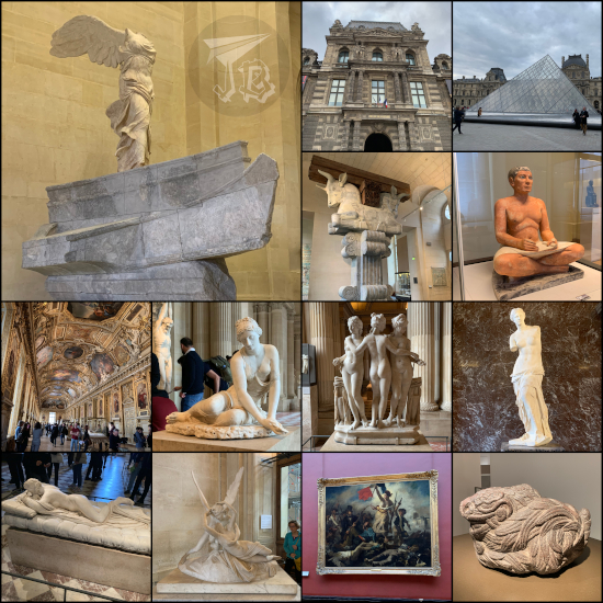 A collage with several Louvre pieces of art - Winged Victory, sitting scribe, the three graces, Diane washing her hair, Hermaphroditus sleeping, Psyche and Eros kissing, Liberty guiding the people, Venus de Milo