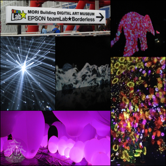 Collage of Mori interactive and light art – a walking elephant made of projected lights, it's pink with white flowers. Many rays of white light coming from everywhere in the dark. Waves. Giant purple-pink balloons. Flowers projected on the walls – sunflowers, daisies in different colours