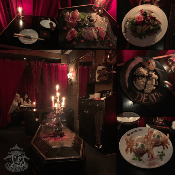 Collage. The two-people booth is surrounded by red curtains, and the food is gothic-looking. The cold sausages have been stylised to look like roses, as has the salmon in the salad. The pasta has a black cross and a grim reaper drawing along the word Death. Ice cream scoops have little cookie legs so they look like spiders. A general shot of the room shows a coffin-looking table with a chandelier on top