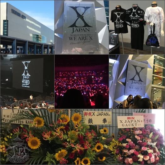 Collage of pictures of the venue, outside and inside. Yokohama Arena, which is just a massive white building. The X Japan We are X symbol. T-shirts from the merch. The logo on the screen. People waving red penlights in the dark. Good luck flowers from different artists.