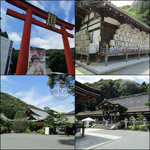Collage of a Shinto shrine: a vermillion torii, ceremonial sake, and the main buildings in dark wood