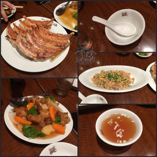 Chinese food - dumplings, rice, sweet and sour pork, soup
