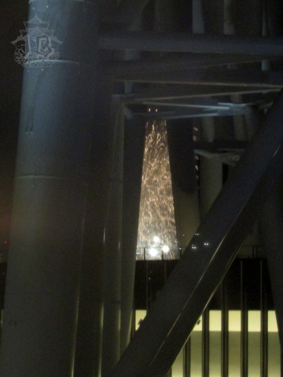 Firework sparks behind the structure of the Tokyo Skytree