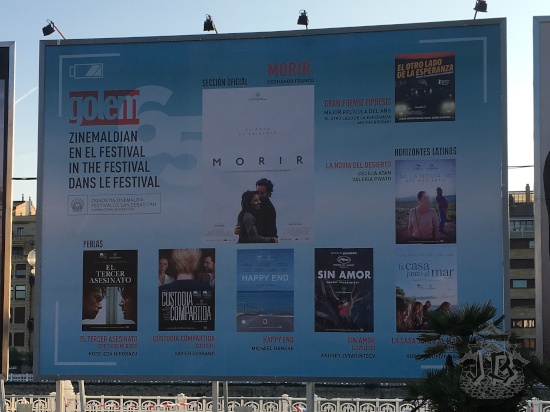 A banner for the cinema festival, showing posters for different films. The third murder is on the bottom left