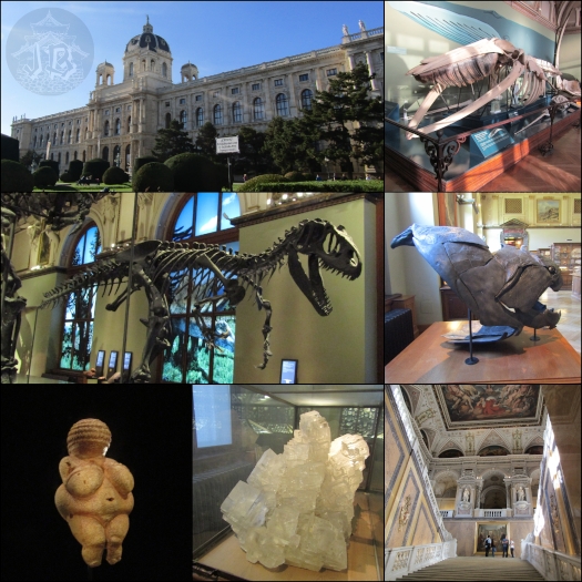 Collage of the Natural Museum: the building, with a dome, a whale skeleton, an Albertosaurus skeleton, the head of a Dunkleosteous fish, a huge salt stone and the Venus von Willendorf, a small naked woman statuette in golden stone