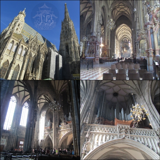 A gothic cathedral. Collage showing the outside, with the tower and the ornate windows, and the inside showing the pointed arches inthe nave, and the organ.