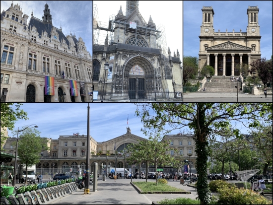 Some buildings, including a gothic church, a neoclassical one, and a 19th century train station.