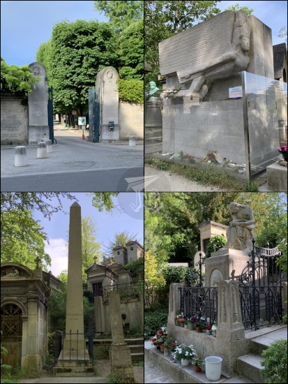 Graves at Père-Lachaise: a flying Babylonian angel (Wilde), an obelisk (Champollion), a muse weeping on her lyre (Chopin).