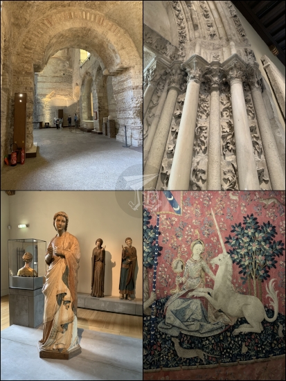Collage: The foundations of the manor; an ornate church entryway, carved on the stone; a Virgin Mary statue; the tapestry of the lady petting the unicorn, with plants and a red background