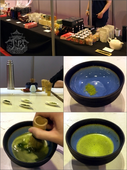 Collage showing how matcha dissolves into water, from powder to whisked to foamy green liquid.