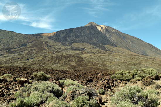 The top of Teide. This is the point where vegetation has become scarce, with low bushes, that creep up the slope. The summit looks naked.