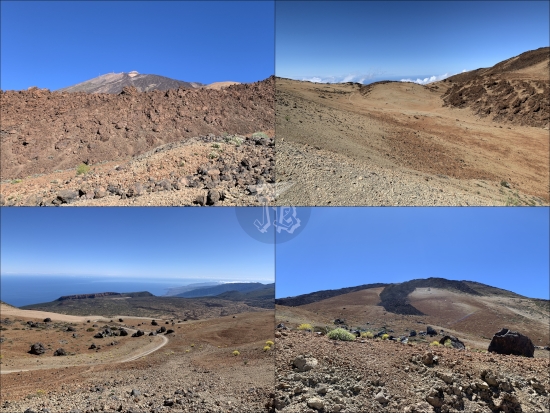 Collage: The Montaña Blanca trail. The landscape is desertic, reddish and brown, and there is barely any vegetation. When turning back, the sea peeks in the distance, and when looking up there are black rocks from an eruption.