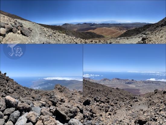 View from the slope of Teide. Montaña Blanca is underneath, in red-gold. To the sides, the black and dark grey rocks trailing the old lava flows