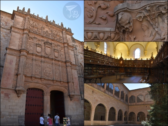Very ornate entrance to a building. there are two doors (four or five times as tall as a person) and the decoration, all carved in stone, is on top. Three floors of decoration, with columns and shields. A close-up shows a frog on top of a skull.