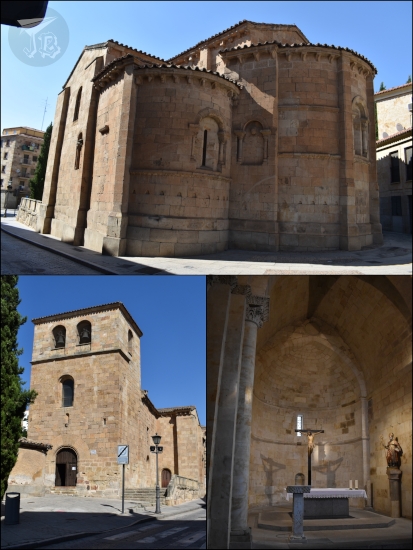 Small Romanesque church in reddish-gold stone. It has a tiny bell tower.