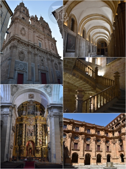 Collage: On the left, a very baroque church from the outside, also showing the gold inner altar. On the right, some shots of the upper and lower cloister, the patio is ornate and reddish, the staircase is made completely out of stone.