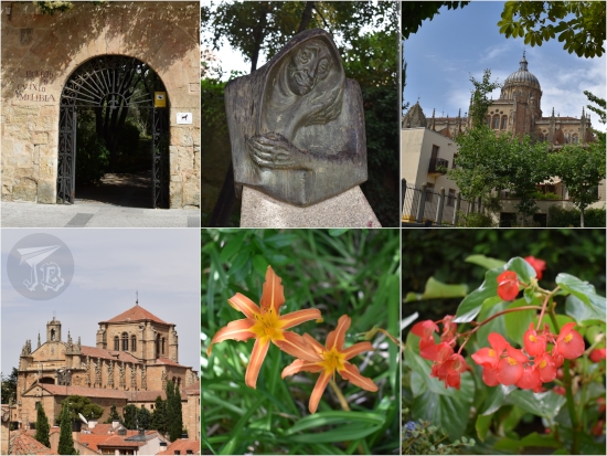 Gate to the gardens, a bust of Celestina (the fictional character), from the cathedral, and some flowers: star-shaped and orange, bell-shaped and red.