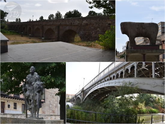 Collage. The historical bridges in Salamanca: the Roman one, made from stone with wide archs, and the iron-architecture one, in greyish-green. Sculptures: Lazarillo with his master, and a prehistoric bull or pig, with a flat head