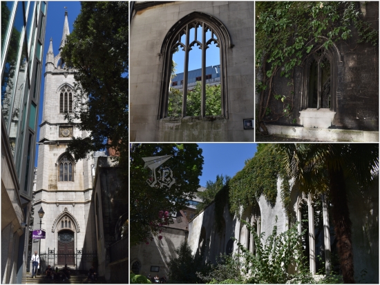 Ruins of a gothic church turned garden, with hanging ivy and bushes overgrowing the walls and windows