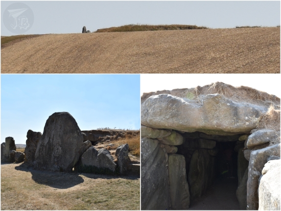 Collage: elongated mound of dirt on top. On the borrom, the gate. On the left the protective slabs, standing upright, and on the right, the entrance. It is a construction of vertical walls made from grey slabs and another slab on top. The interior is dark.