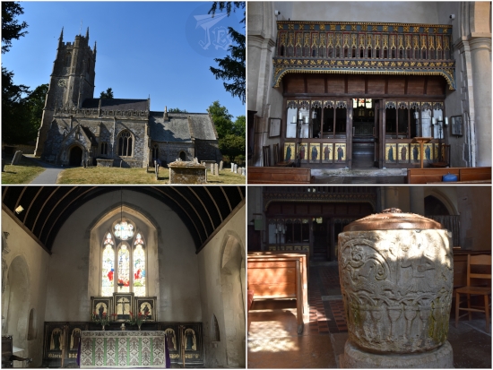 Gothic church, from the outside. The inside shows a wooden Normand altar, the standard altar, and a carved stone baptismal font