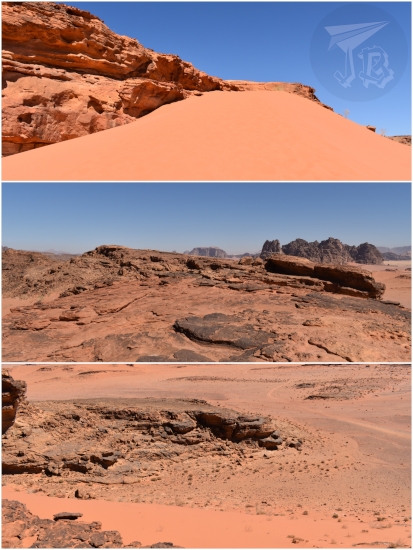Back of a dune we had to climb, and the rock + sand landscape that could be seen from the top. Wind erosion marks have created soft ridges. The rocks are red-grey and the sand is rose-gold
