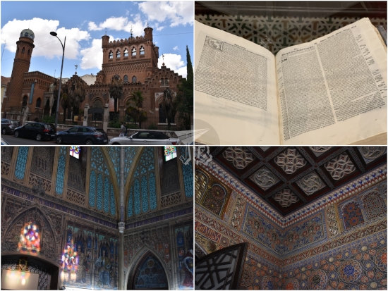 Palacete Laredo: exterior and interior decorations + close up of the open bible, in Latin and Hebrew