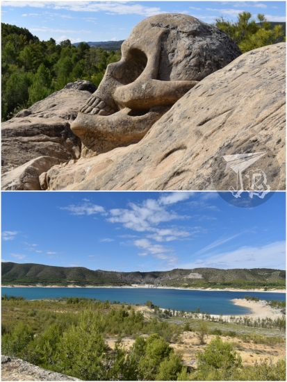 Large skull carving (top) + the look from the viewpoint - the reservoir is pretty depleted, there is a lot of sand, but also some green trees (bottom)