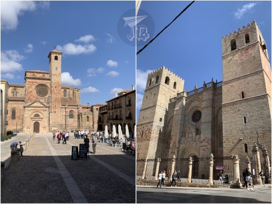 Cathedral in Siguenza, a late-Romanesque / early-Gothic building, in a reddish colour. Left: side view, showing the bell tower. Right: façade, with two side towers.