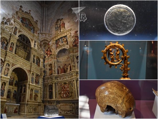 Altar of St. Wilgefortis on the left. On the right, a coin, a scepter and half of a skull with writings on it.