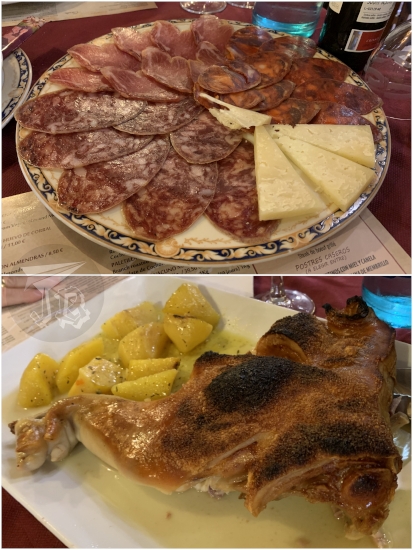 Typical Siguenza Dishes. Top: sausages and cheese. Bottom: roasted pork leg with potatoes.