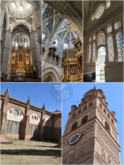 Interior of the Cathedal of Tarazona, showing Gothic columns and the Baroque altarpiece. The cloister is modified Gothic with arcs and spikes. A close-up of the Mudejar-style bell tower.
