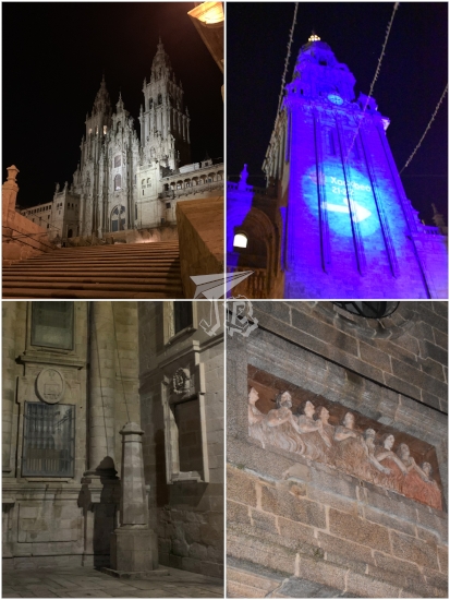 A view of the cathedral of Santiago at night, illuminated, on top. On the bottom, a column casts a shadow onto the wall behind it - it seems to be that of a man with a walking cane and a travel hat.