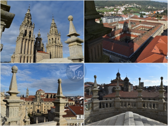 The towers of the cathedral from the room, and some aereal shots - one shows the Parador cloisters from above.