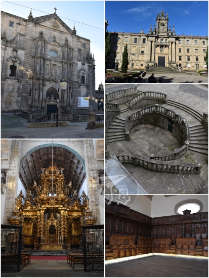 Exterior of the monastery, including the double downward staircase, and a picture of the interior, showing a very Baroque altar painted in gold.
